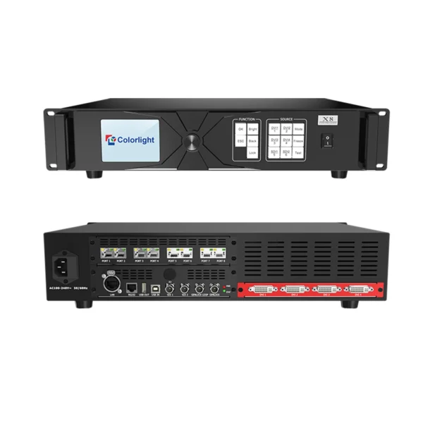 Front and back view of a Colorlight LED display controller with control buttons and input ports.
