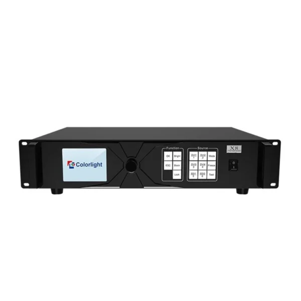 Colorlight X8 LED display controller with a front panel featuring buttons and a screen.