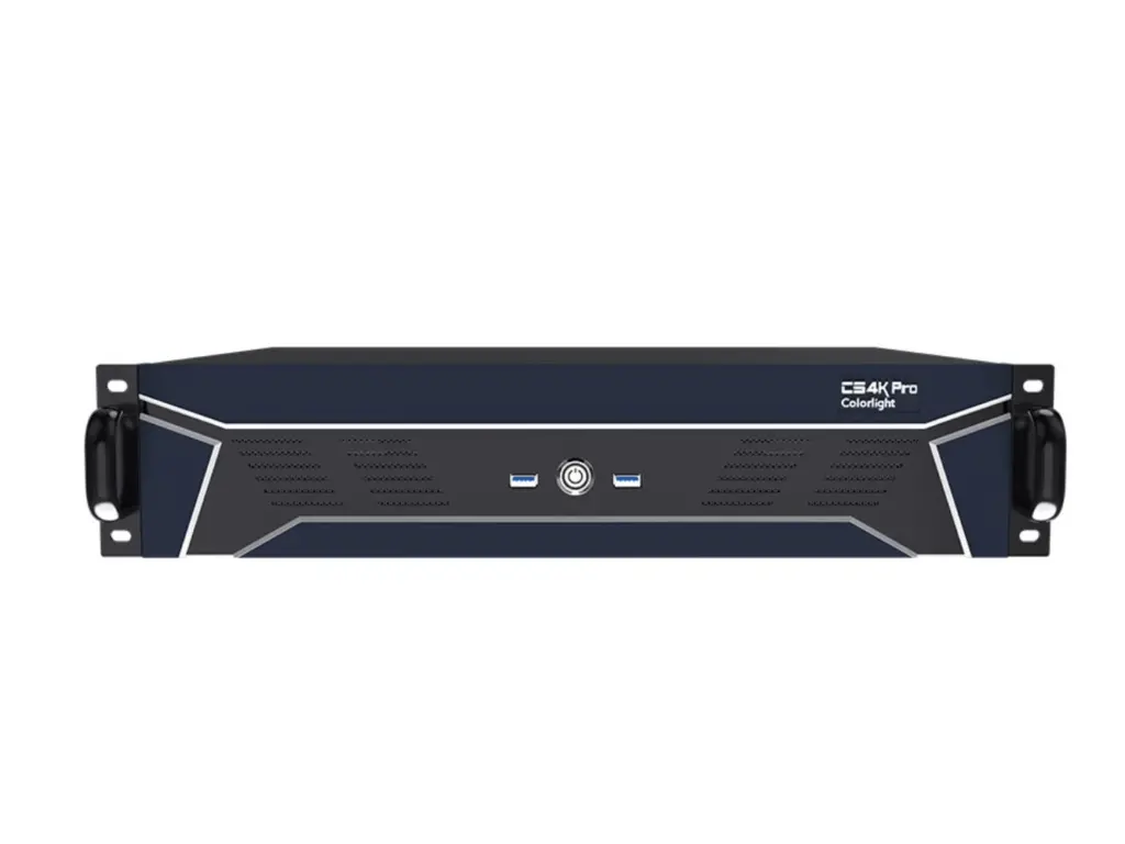 4K Pro video processing unit with front panel ports and handles for easy transport.