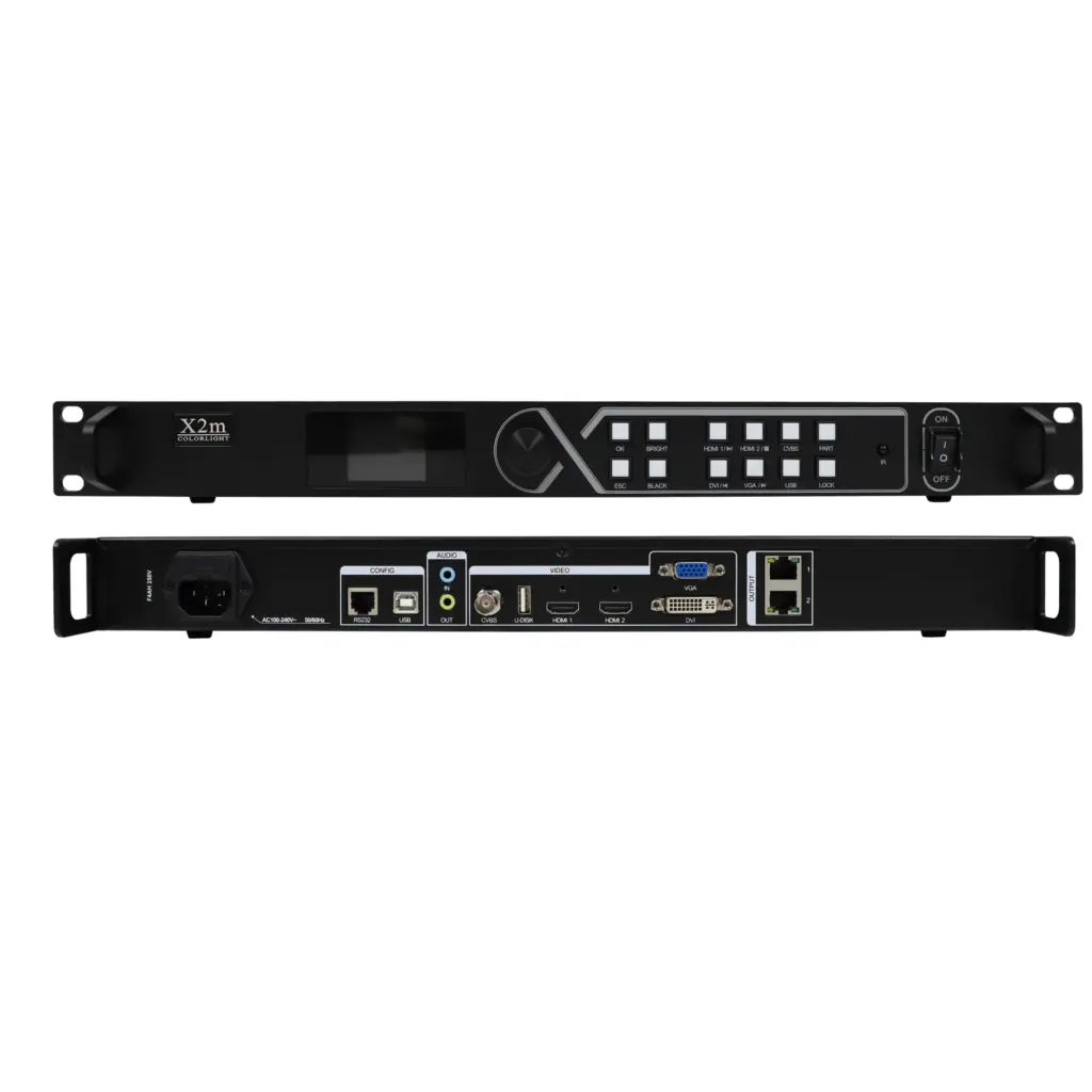 Front and back view of the X2M video processor unit showing control buttons and input/output ports.