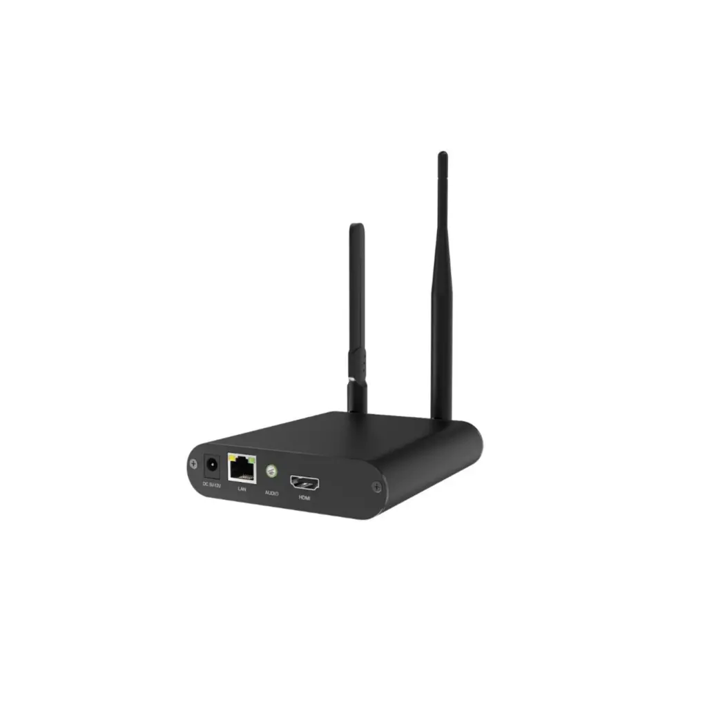 Black wireless media streaming device with multiple ports including LAN, audio, and HDMI.