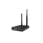 Black wireless media streaming device with multiple ports including LAN, audio, and HDMI.
