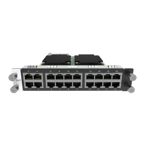 Network switch module featuring multiple Ethernet ports for connectivity.