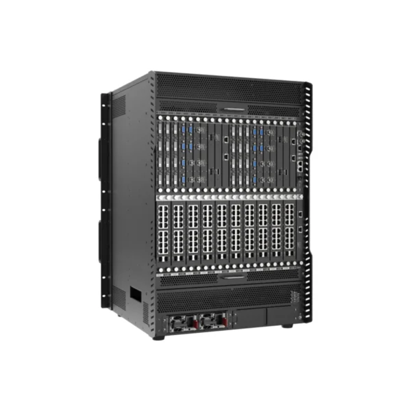 Black server rack featuring multiple storage drives and network ports in a vertical arrangement.