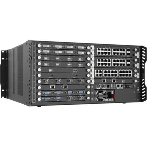 Network equipment rack featuring various ports, modules, and connectors for connectivity and management.