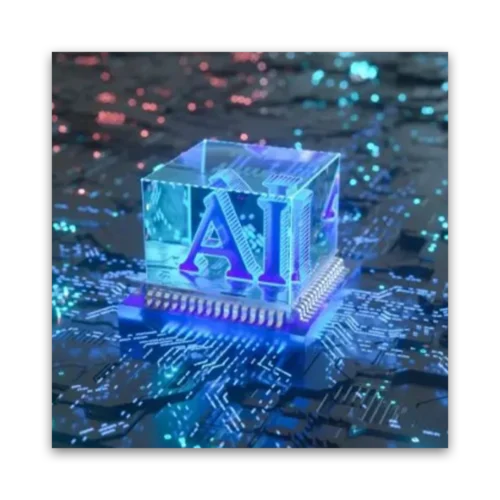A transparent cube with 'AI' text on a circuit board with glowing elements.