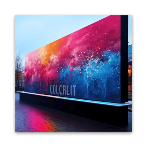 Large abstract mural featuring vibrant colors of pink, blue, and white with the word 'COLORLIT' displayed prominently.
