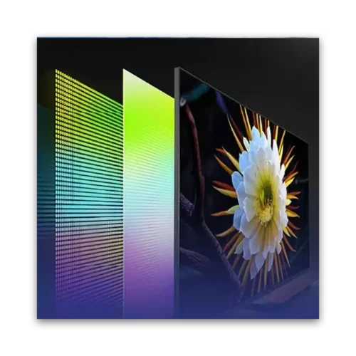 Three-dimensional representation of display technology with a flower image on the screen.