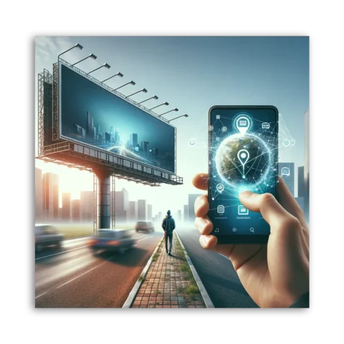 A hand holding a smartphone showing a digital globe with location markers, beside a large billboard on a city street.