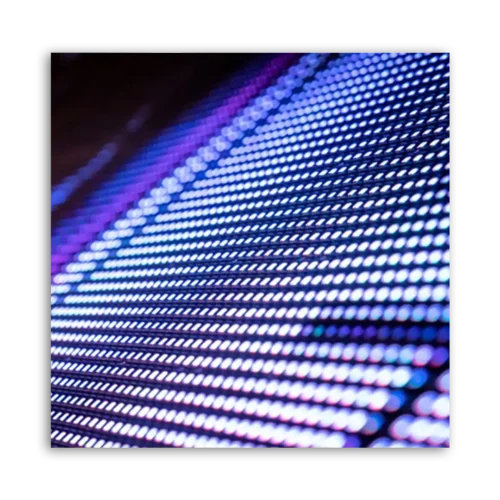 Close-up view of an LED display screen with colorful lights and patterns.
