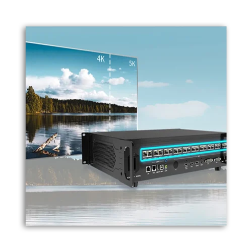 Video processing device with multiple output ports displayed alongside a 4K image of a lake.