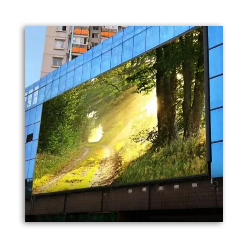 Digital billboard featuring an image of a sunlit forest path with trees on either side.