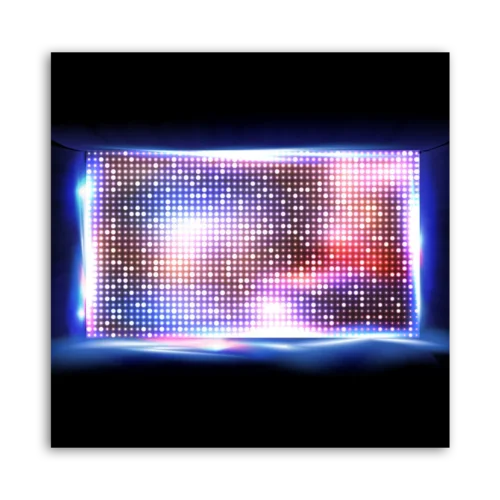 LED display screen featuring a vibrant pattern of colorful lights in a grid format.