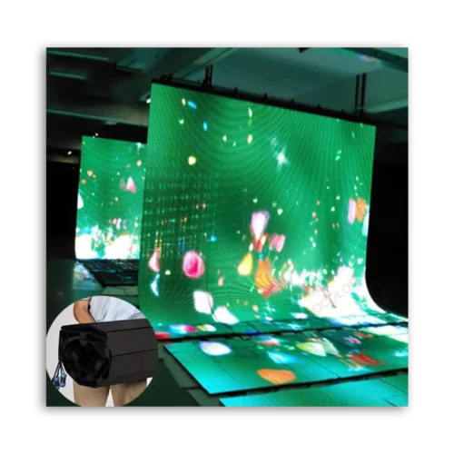 LED display screen showing vibrant colorful graphics in a dimly lit environment.