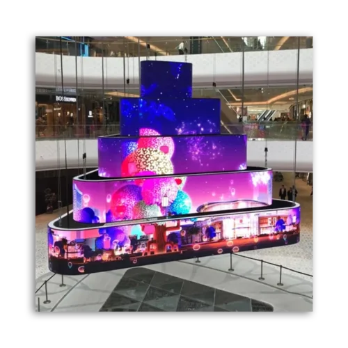 Multilevel digital display installation featuring colorful visuals in a modern setting.