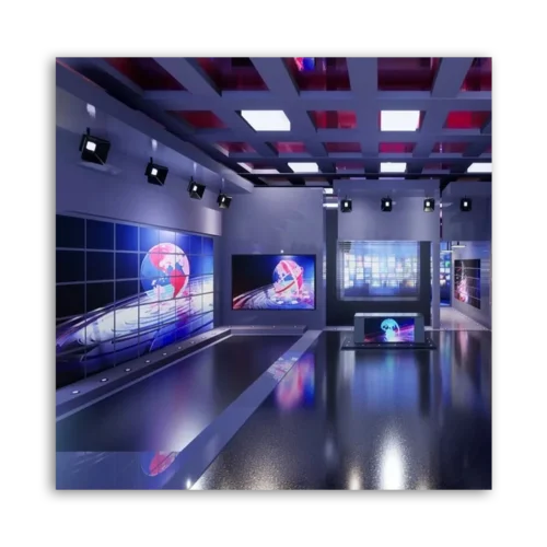 Interior view of a modern television studio with multiple screens and lighting fixtures.