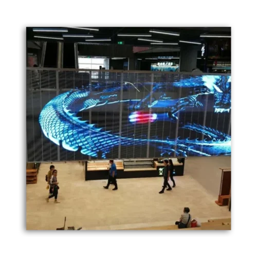 Large digital screen displaying a blue dragon design in a modern indoor space.