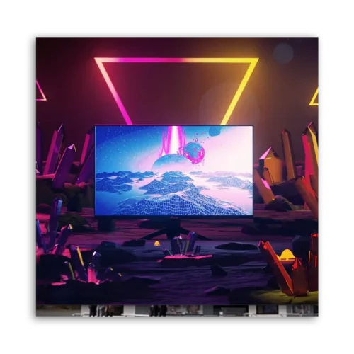 A modern television screen showing colorful abstract digital art with geometric shapes and landscapes.