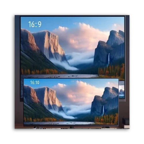 Two displays showing a landscape image in 16:9 and 16:10 aspect ratios with mountains and a waterfall.