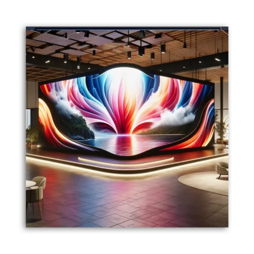 Curved LED screen displaying a vibrant abstract design with colors and shapes.