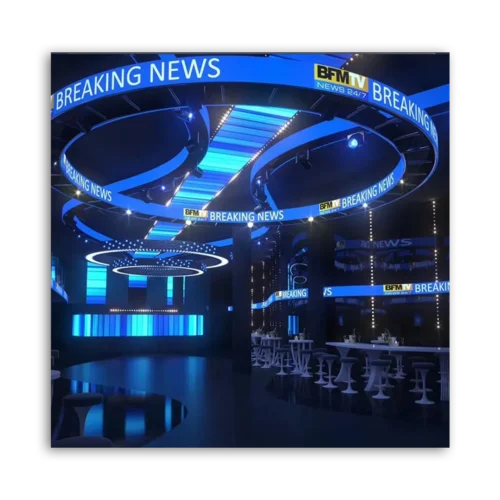 Interior of a modern news studio featuring blue lighting and circular screens displaying 'Breaking News'.