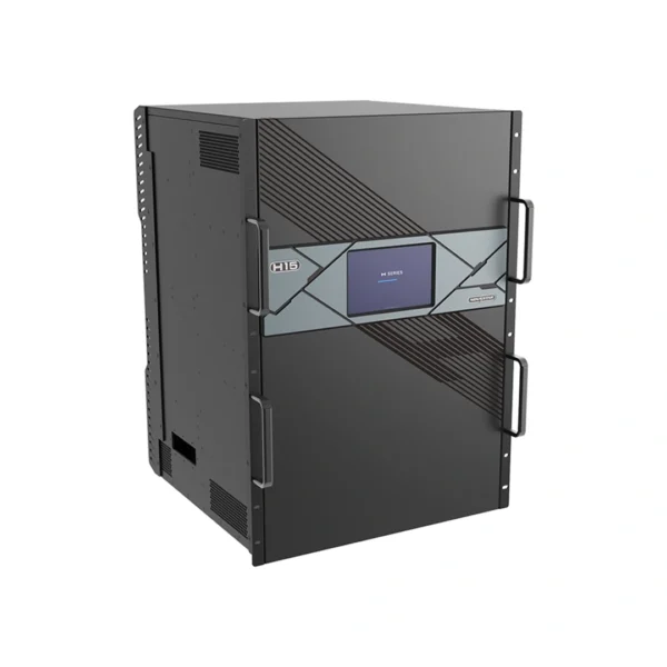 Black server rack featuring a front display panel and handles for transport.