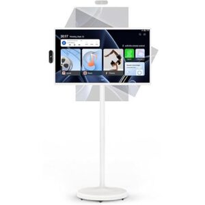 Smart display mounted on a white stand with a touchscreen interface showing various applications.