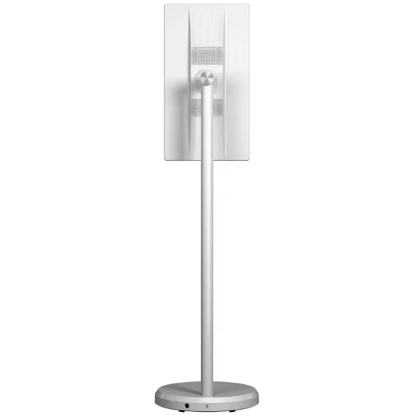 White standing fan with a sleek design and adjustable height feature.