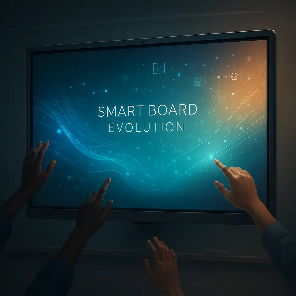 Interactive smart board displaying the text 'Smart Board Evolution' with hands reaching towards the screen.
