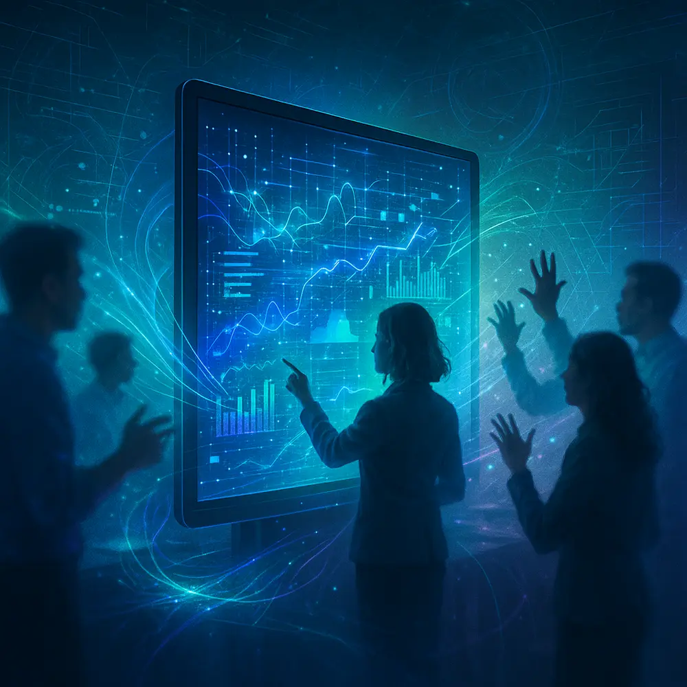 Group of professionals interacting with a large interactive screen displaying data visualizations and graphs.