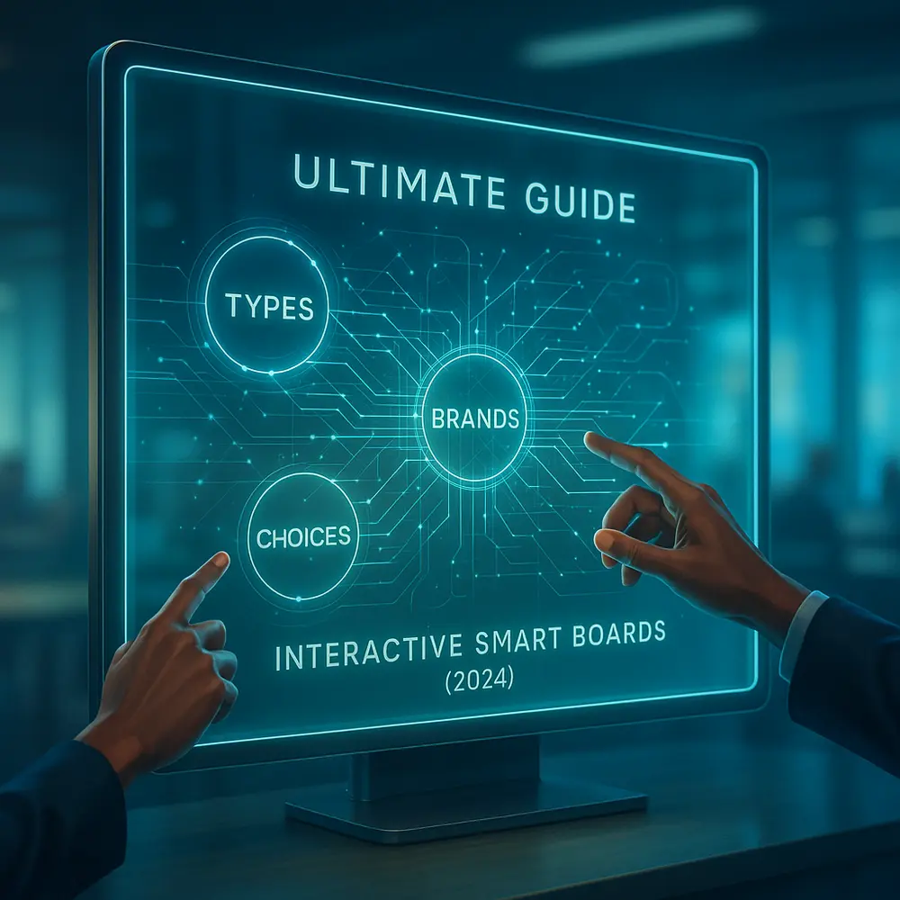 Digital display showing an ultimate guide to interactive smart boards with types, brands, and choices.